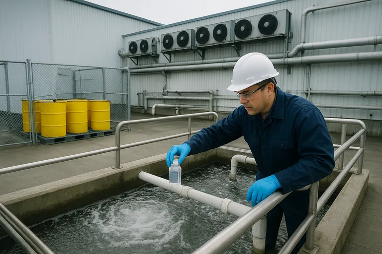 Wastewater treatment and safety controls at a seafood plant: a technician in PPE takes a water sample from an aeration tank while yellow drums sit on containment pallets near a secure storage area; refrigeration condensers and insulated pipes are visible in the background.
