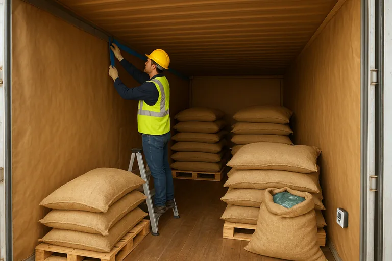 Worker on a step ladder installing desiccant strips near the ceiling inside a kraft-lined container loaded with palletized jute coffee sacks; pallets and dunnage keep bags off the floor, with a glimpse of a green hermetic inner liner in an open sack.