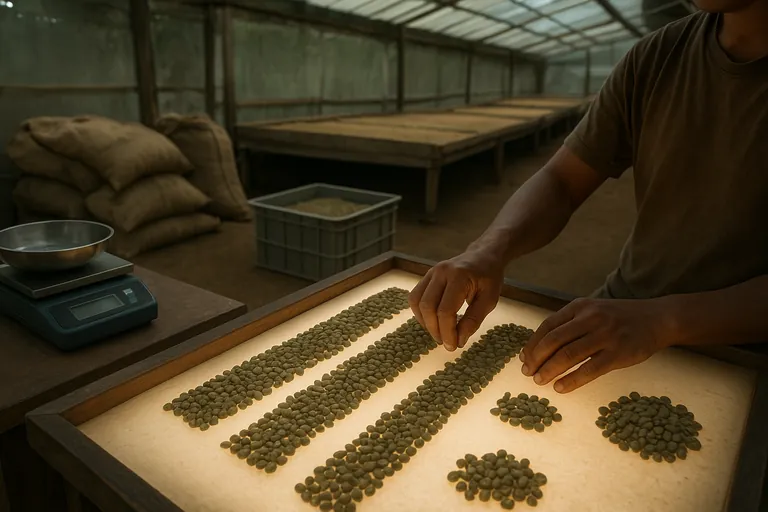 Workers hand-sort green coffee on illuminated tables in a Sumatra dry mill; nearby a moisture meter and bench scale sit on a workbench, with parchment coffee drying on raised beds in the background—illustrating yield losses from sorting and moisture normalization.