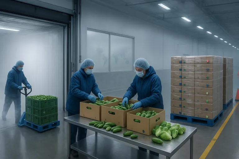 ठंडी गोदाम में कर्मचारी इंडोनेशियाई सब्ज़ियों को ठंडे कंटेनर से छांटकर फिर पैक करते हैं, सीलबंद पैलेट आगे के निर्यात के लिए तैयार किए गए हैं, जो सिंगापुर ट्रांज़िट हैंडलिंग को दर्शाता है.