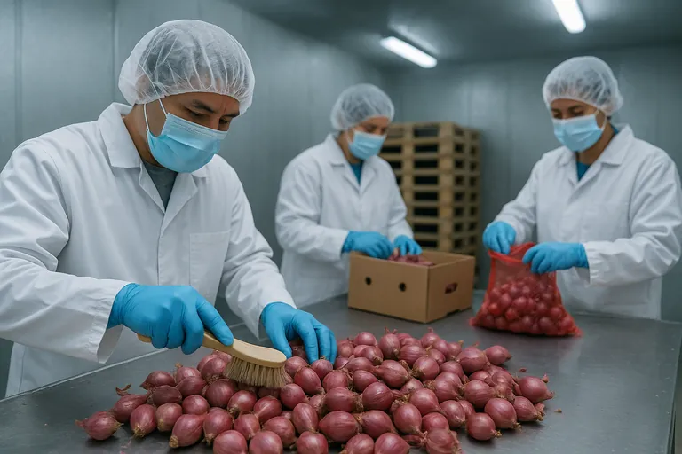 Des travailleurs dans une chambre froide brossant et emballant délicatement des échalotes cicatrisées dans des sacs en filet ventilés et des cartons perforés sur des palettes, bulbes secs avec racines soigneusement coupées.