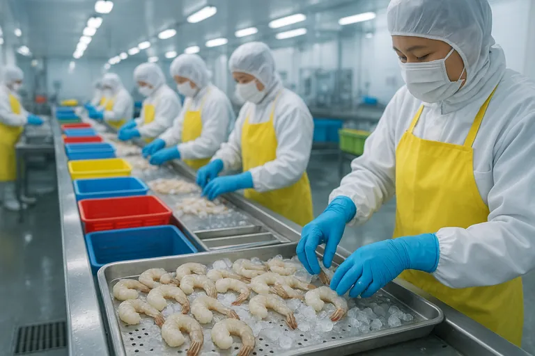 Workers in an Indonesian seafood plant hand-peeling and deveining shrimp on stainless tables, with PD tail-on shrimp neatly arranged in trays under bright cool lighting.