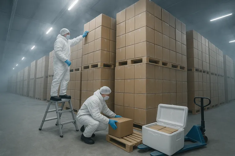 Workers in cold storage pull cartons from the top, middle, and bottom of a pallet stack to create a representative sample across the load.