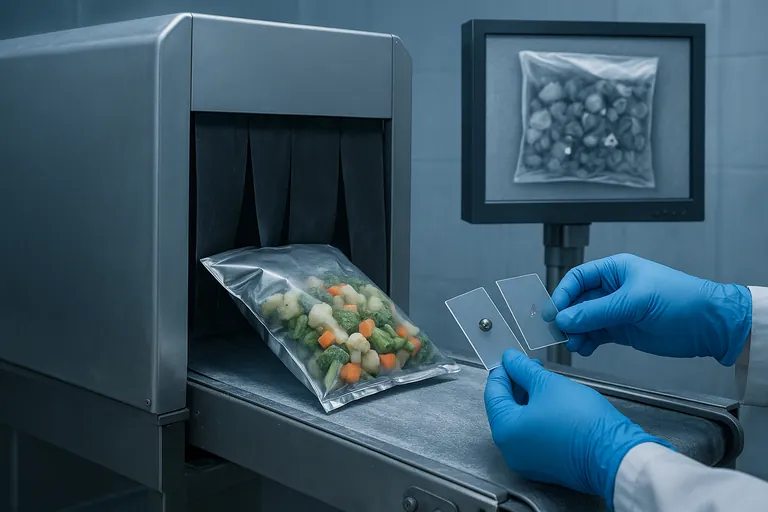 X-ray inspection station showing a grayscale image of a frozen vegetable bag with a small bright speck on the screen, as a technician with blue gloves feeds a metallized bag onto the conveyor