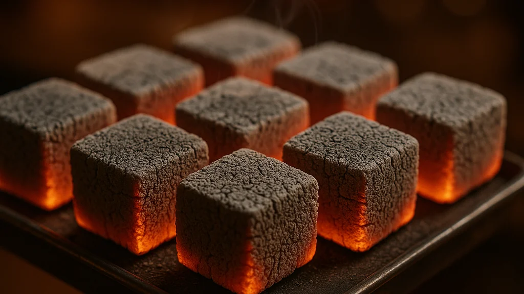 Close-up of cube-shaped coconut shell shisha briquettes glowing with light grey ash and minimal smoke on a metal tray.
