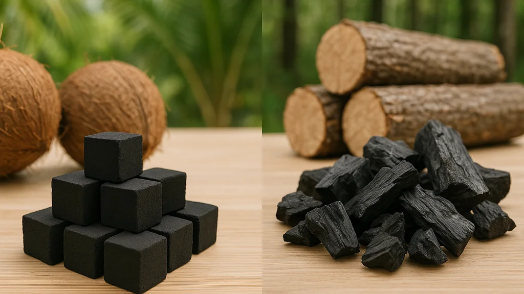 Side-by-side view of coconut shells with cube-shaped briquettes and wood logs with irregular lump charcoal, showing different charcoal raw materials.