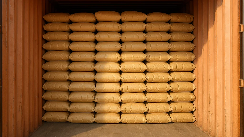 Floor-loaded interior of a 40’ high-cube container filled with unlabeled 10 kg charcoal briquette bags stacked from floor to ceiling in neat rows, viewed from the open doors.