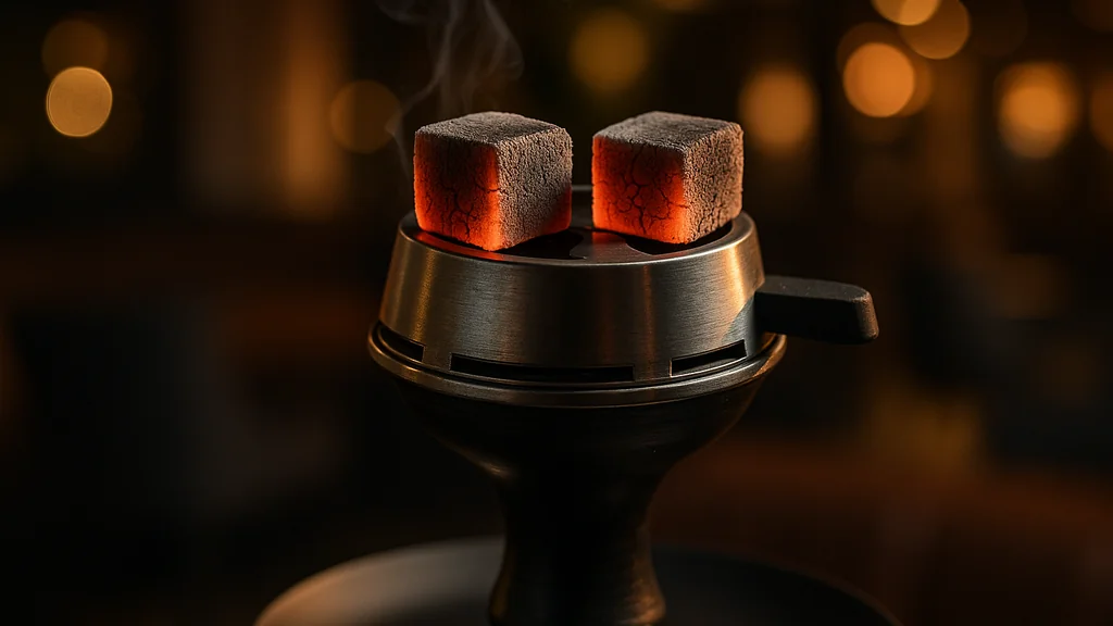 Close-up of glowing coconut shell charcoal cubes in a metal heat management device on a hookah bowl, showing fine light-gray ash in a softly lit lounge setting.