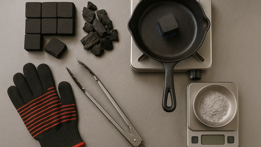 Top-down view of charcoal quality tests: cube coconut-shell briquettes (one broken to show dense interior), irregular hardwood lump pieces, a briquette heating in a pan on a small burner, and fine ash being weighed on a scale with tongs and gloves nearby.