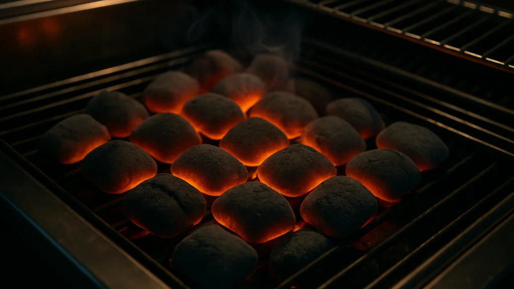 Close-up of evenly glowing coconut shell charcoal briquettes on a commercial grill, showing steady heat and minimal ash