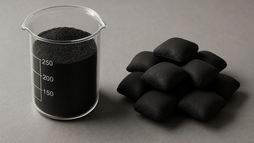 Side-by-side comparison of granular activated carbon in a clear beaker next to a small pile of pillow-shaped charcoal briquettes on a neutral surface.